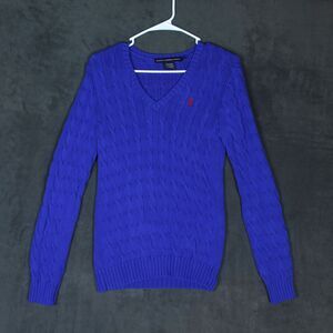 Ralph Lauren Sport Sweater Womens Medium Blue Cable Knit Pullover Red Pony Logo